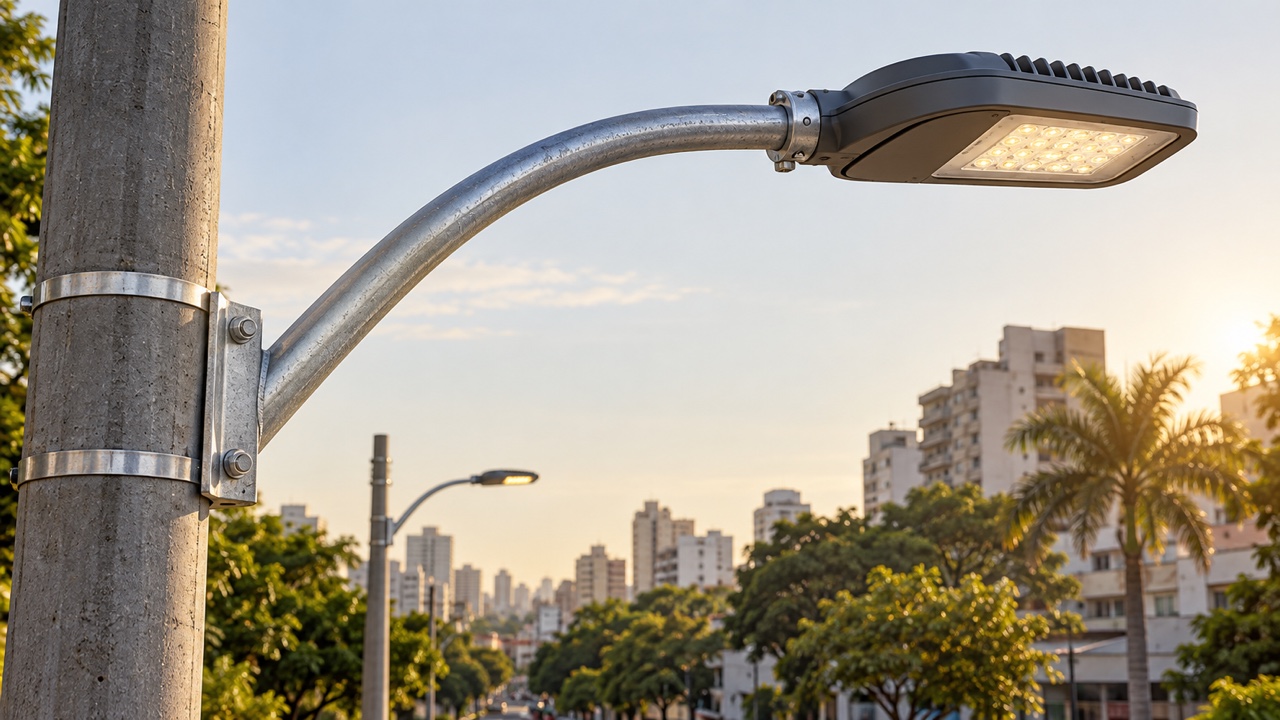 Ilustração de braço metálico galvanizado sustentando uma luminária de iluminação pública