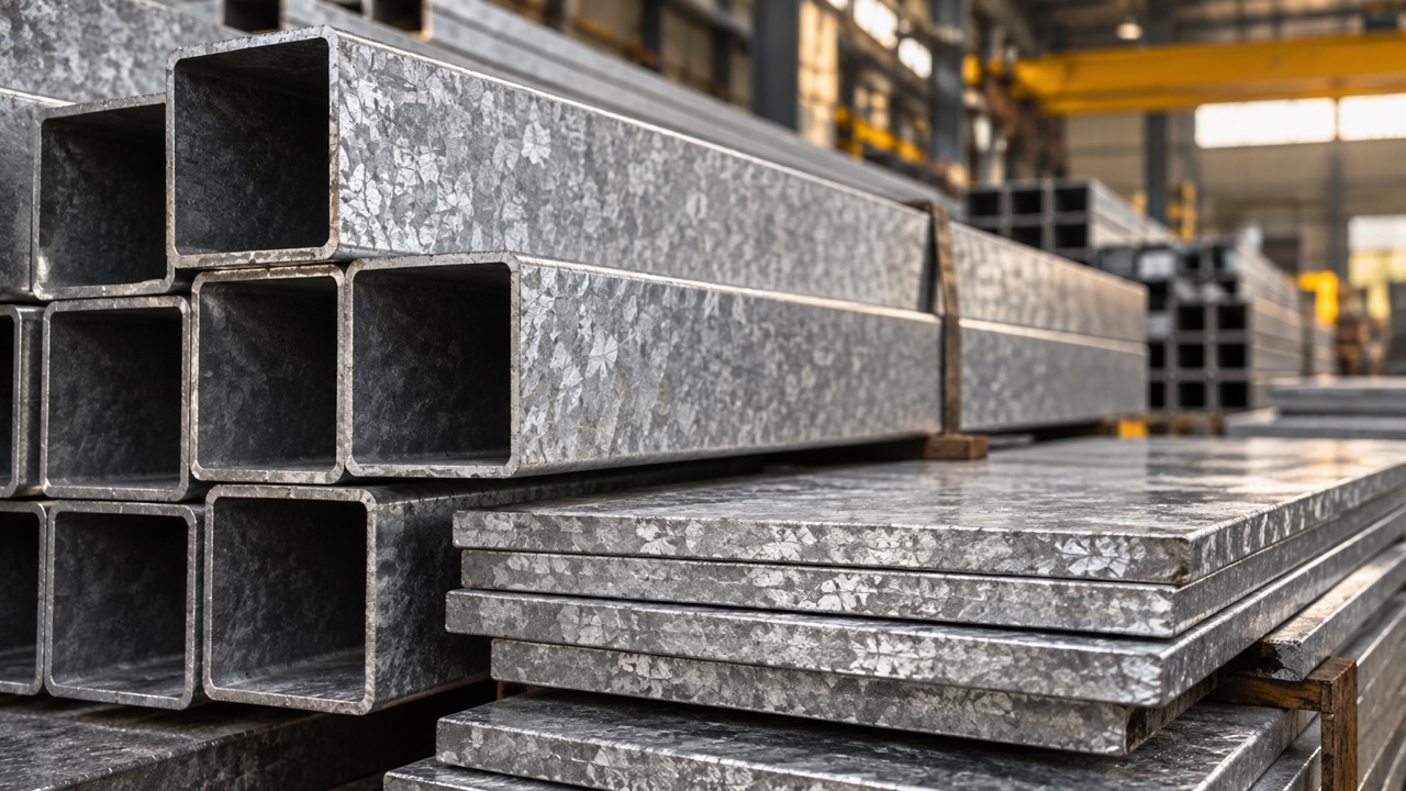 Ilustração de tubos e chapas de aço galvanizado com destaque para a textura do zinco