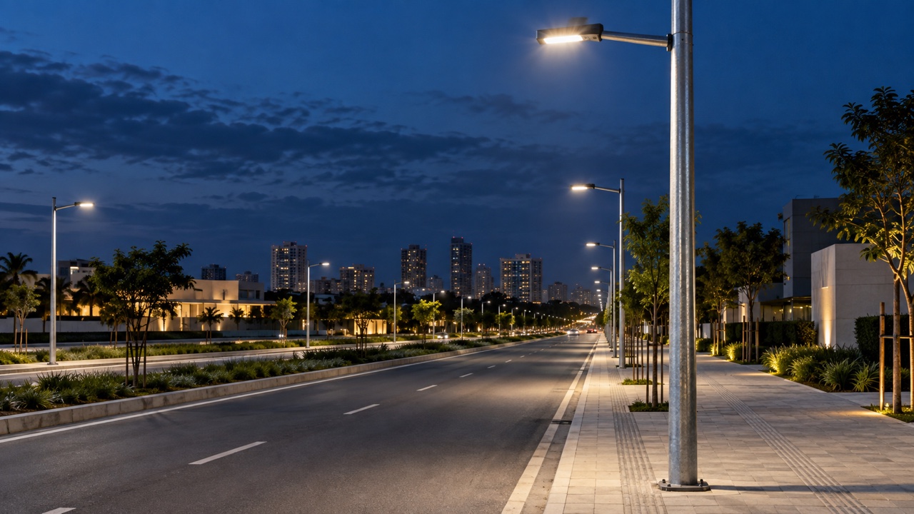 Ilustração de avenida urbana iluminada por uma sequência de postes metálicos